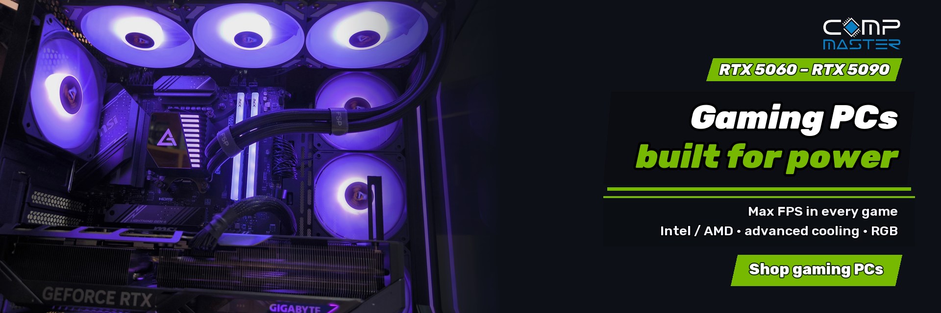 Powerful gaming PCs: RTX 5060–RTX 5090, Intel or AMD, advanced cooling and RGB. View gaming PCs