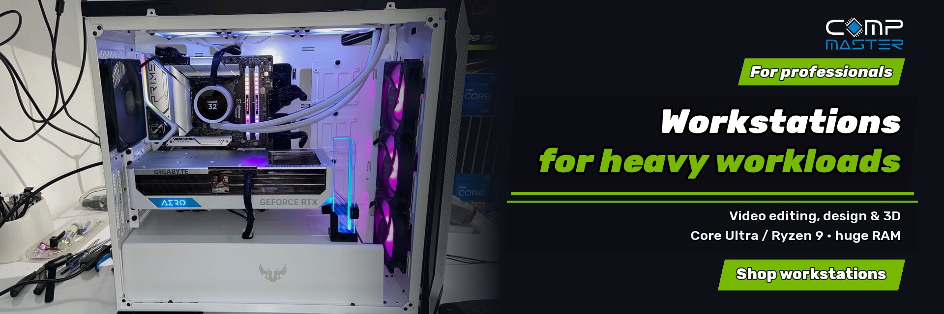 Professional workstations for video editing, design and 3D: Core Ultra or Ryzen 9 and high memory capacity. View workstations